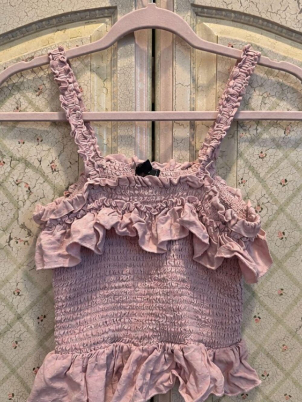Dusty Pink Lavender Smocked Ruffle Tank Top Frilly Straps Coquette Going Out